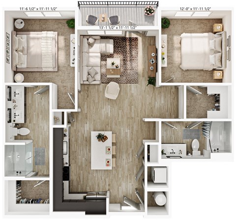 Floor plan for 2 beds, 2 baths, 1085 sqft